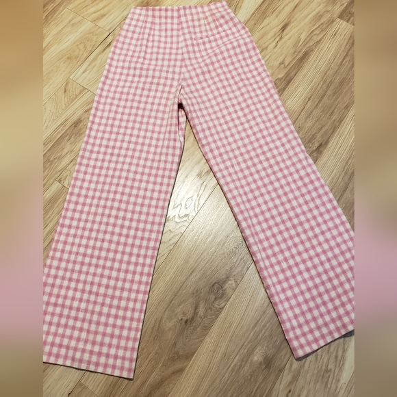 Zara Pink Plaid Checkered Gingham Wide Leg Pant Cotton Blend High Waist Med - Picture 2 of 5